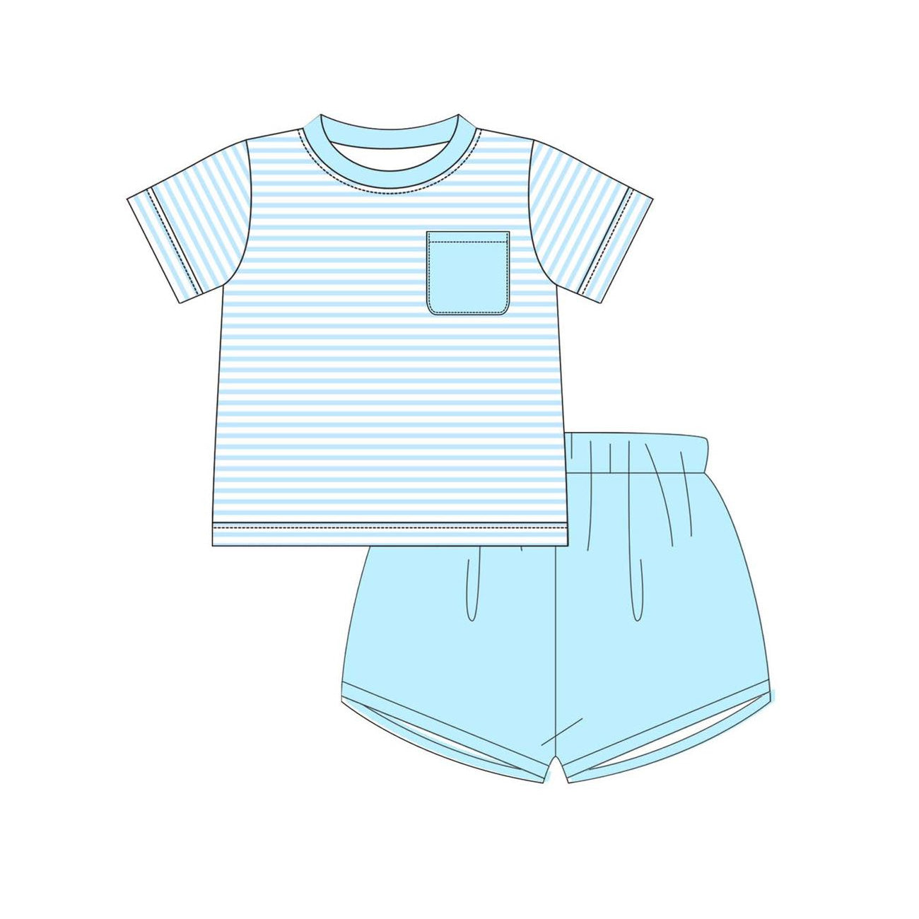 ( Moq 5 ) Preorder Baby Boys Kids Short Sleeves Stripes Pocket Shirt Blue Shorts Summer Clothes Set