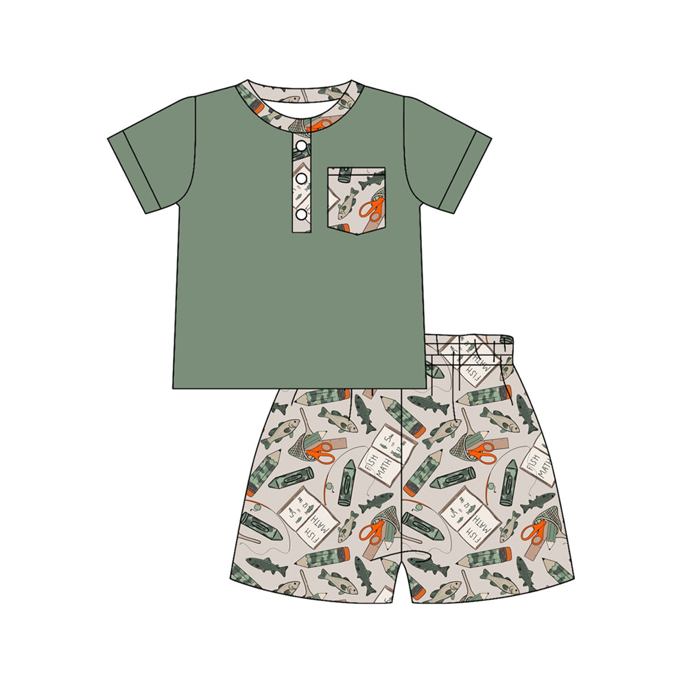 ( Moq 5 ) Preorder Baby Boys Pocket Green Shirt Camo Pencil Fishing Shorts Back to School Clothes Set