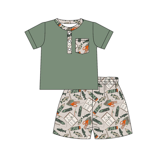 ( Moq 5 ) Preorder Baby Boys Pocket Green Shirt Camo Pencil Fishing Shorts Back to School Clothes Set