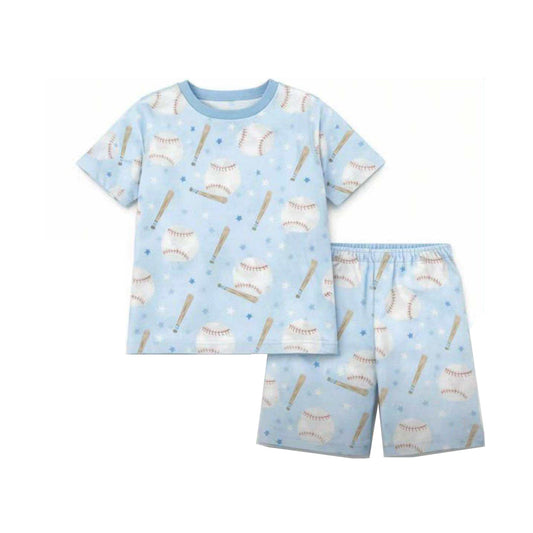 ( Moq 5 ) Preorder Baby Boys Kids Short Sleeves Baseball Stars Shirt Shorts Blue Clothes Set