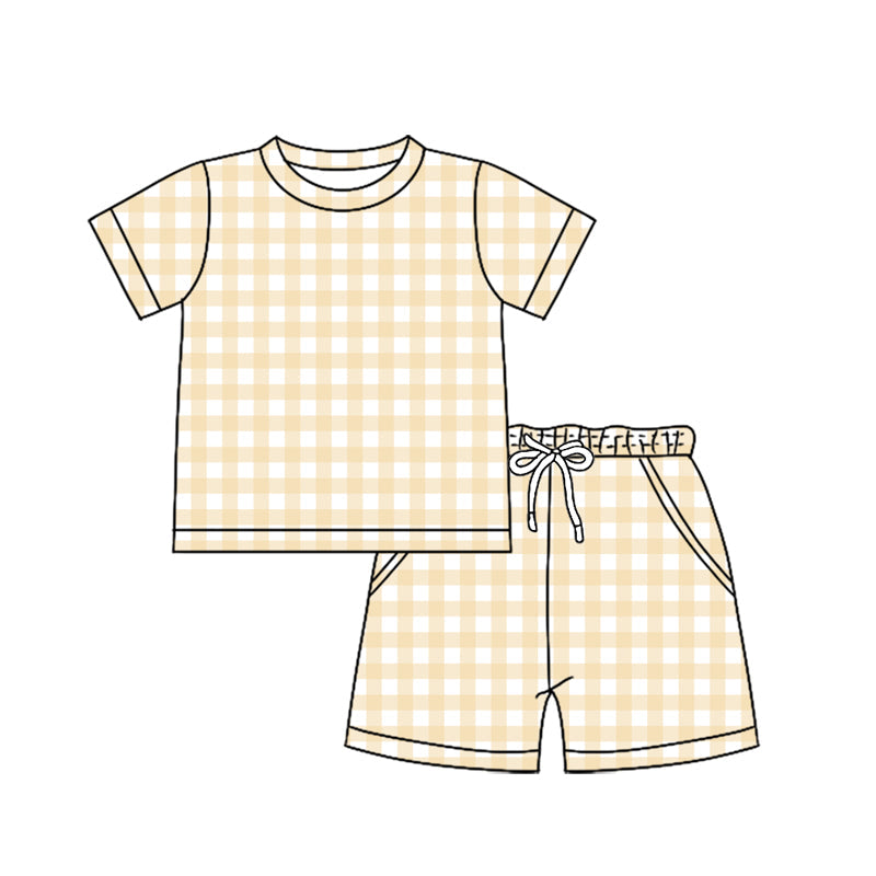 ( Moq 5 ) Preorder Baby Boys Kids Short Sleeves Yellow Plaid Shirt Pockets Shorts Summer Clothes Set