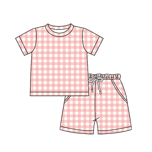 ( Moq 5 ) Preorder Baby Boys Kids Short Sleeves Plaid Shirt Pockets Shorts Summer Clothes Set
