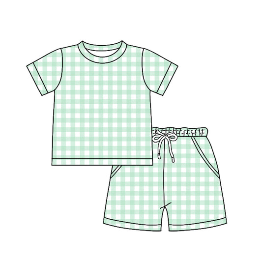 ( Moq 5 ) Preorder Baby Boys Kids Short Sleeves Green Plaid Shirt Pockets Shorts Summer Clothes Set