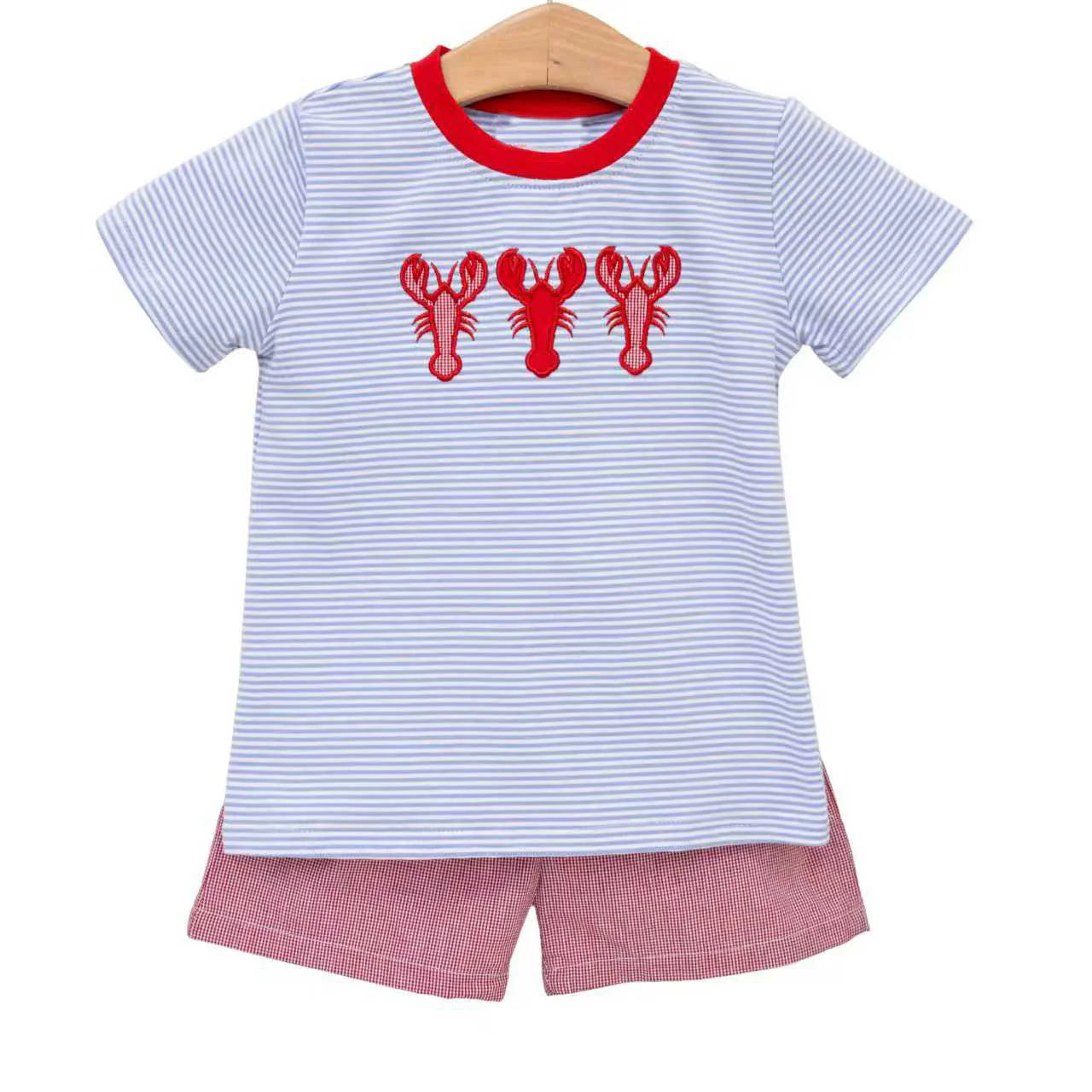 ( Moq 5 ) Preorder Baby Boys Kids Short Sleeves Crayfish Stripes Shirt Pink Shorts Summer Set
