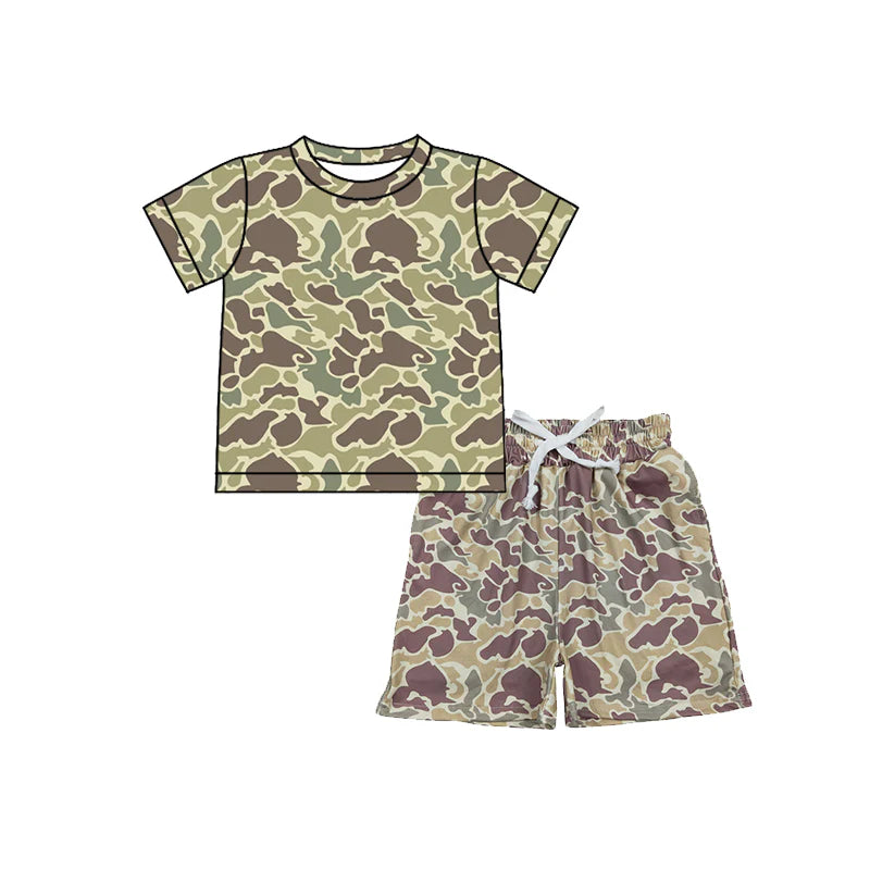 ( Moq 5 ) Preorder Baby Boys Kids Short Sleeves Southern Green Camo Shirt Pockets Shorts Summer Set