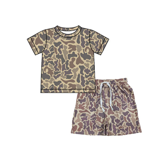 ( Moq 5 ) Preorder Baby Boys Kids Short Sleeves Southern Brown Camo Shirt Pockets Shorts Summer Set