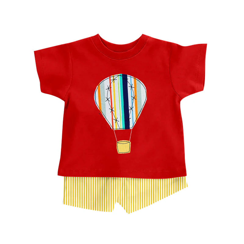 ( Moq 5 ) Preorder Baby Boys Kids Red Short Sleeves Balloon Shirt Yellow Stripes Shorts Summer Set