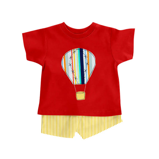 ( Moq 5 ) Preorder Baby Boys Kids Red Short Sleeves Balloon Shirt Yellow Stripes Shorts Summer Set