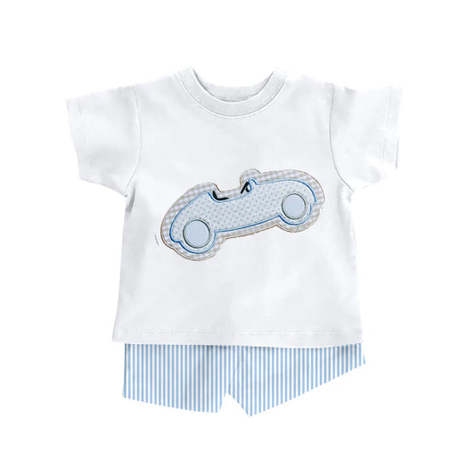 ( Moq 5 ) Preorder Baby Boys Kids Short Sleeves Car Shirt Blue Stripes Shorts Summer Set