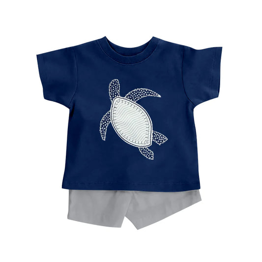 ( Moq 5 ) Preorder Baby Boys Kids Navy Short Sleeves Turtle Shirt Grey Shorts Summer Set