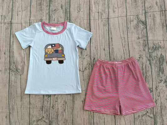 ( No moq ) Preorder Baby Boy Kids Embroidery Dog Flag Truck Shirt Stripes Shorts 4th of July Set
