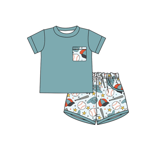 ( Moq 5 ) Preorder Baby Boy Kids Short Sleeves Shirt Baseball Stars Pockets Shorts Clothes Set