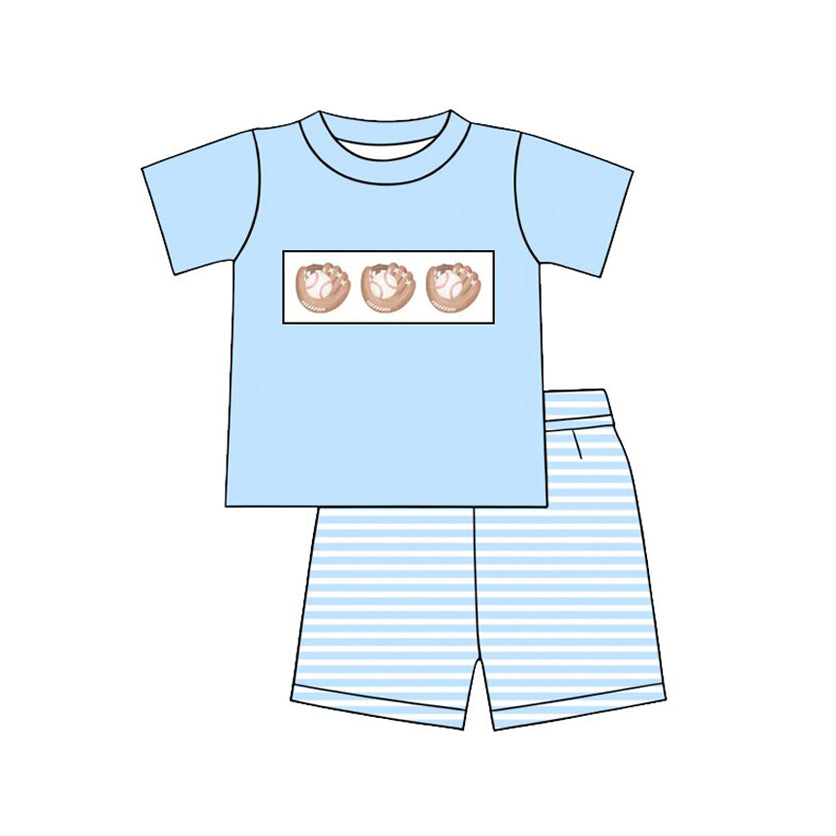 ( Moq 5 ) Preorder Baby Boy Kids Short Sleeves Baseball Shirt Blue Stripes Shorts Set Clothes