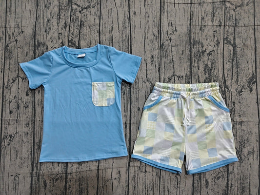 ( No moq ) Preorder Baby Boys Kids Short Sleeves Blue Shirt Plaid Pockets Shorts Set Clothes