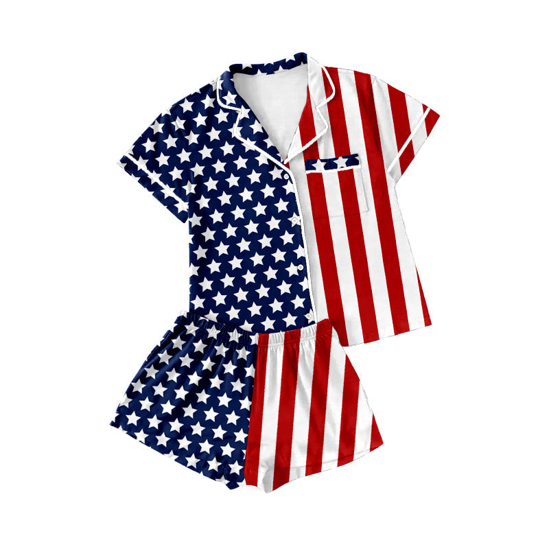 ( Moq 5 ) Preorder Baby Boys Short Sleeves Stars Stripes Buttons Pocket Shirt Shorts 4th of July Pajamas Set