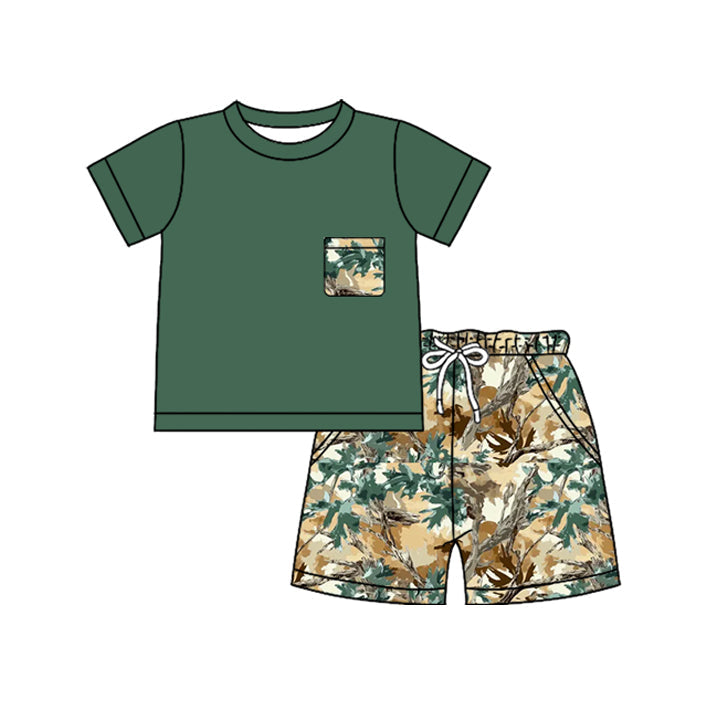 ( Moq 5 ) Preorder Baby Boys Kids Short Sleeves Green Shirt Leaves Pockets Shorts Set