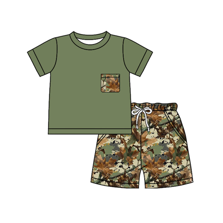 ( Moq 5 ) Preorder Baby Boys Kids Green Short Sleeves Shirt Leaves Pockets Shorts Set