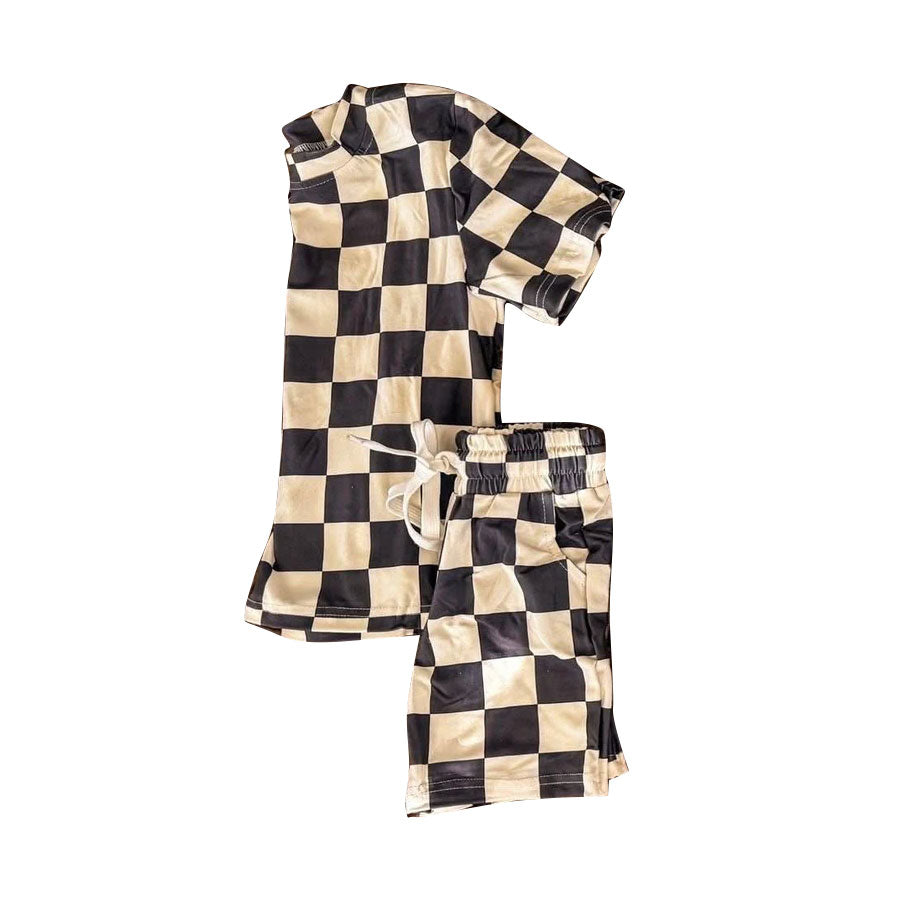 ( Moq 5 ) Preorder Baby Boys Short Sleeves Black Checked Shirt Pockets Set Clothes