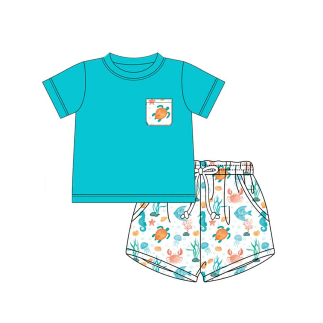 ( Moq 5 ) Preorder Baby Boys Short Sleeves Green Shirt Animals Pockets Shorts Set Clothes