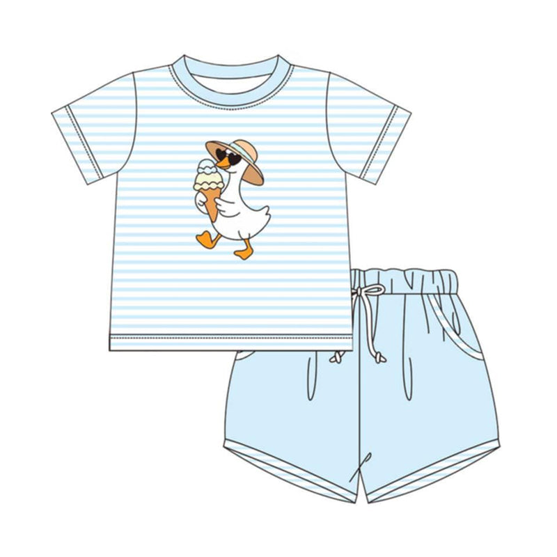 ( Moq 5 ) Preorder Baby Boys Kids Goose Stripes Shirt Blue Pockets Shorts Set Summer Clothes