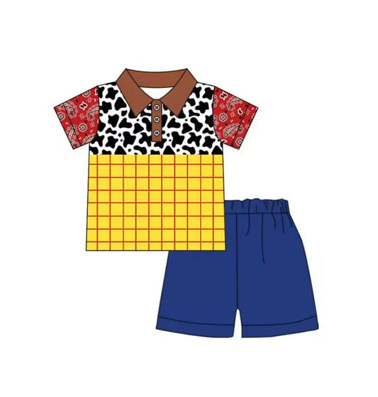 ( Moq 5 ) Preorder Baby Boys Short Sleeves Cow Print Buttons Shirt Blue Shorts Set Clothes