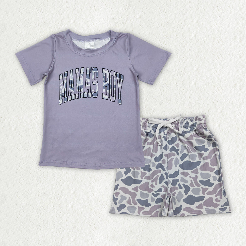 Baby Boys Kids Short Sleeves Mama's Boy Shirt Grey Camo Pockets Shorts Summer Clothes Set RTS