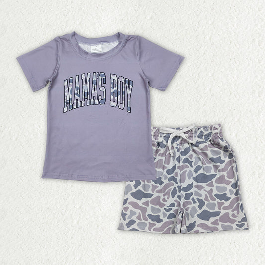 Baby Boys Kids Short Sleeves Mama's Boy Shirt Grey Camo Pockets Shorts Summer Clothes Set RTS