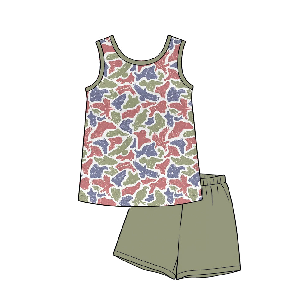 ( Moq 5 ) Preorder Baby Boys Sleeveless Ducks Camo Shirt Green Shorts Set Clothes