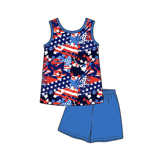 ( Moq 5 ) Preorder Baby Boys Flags Stars Shirt Blue Shorts Set 4th of July Clothes
