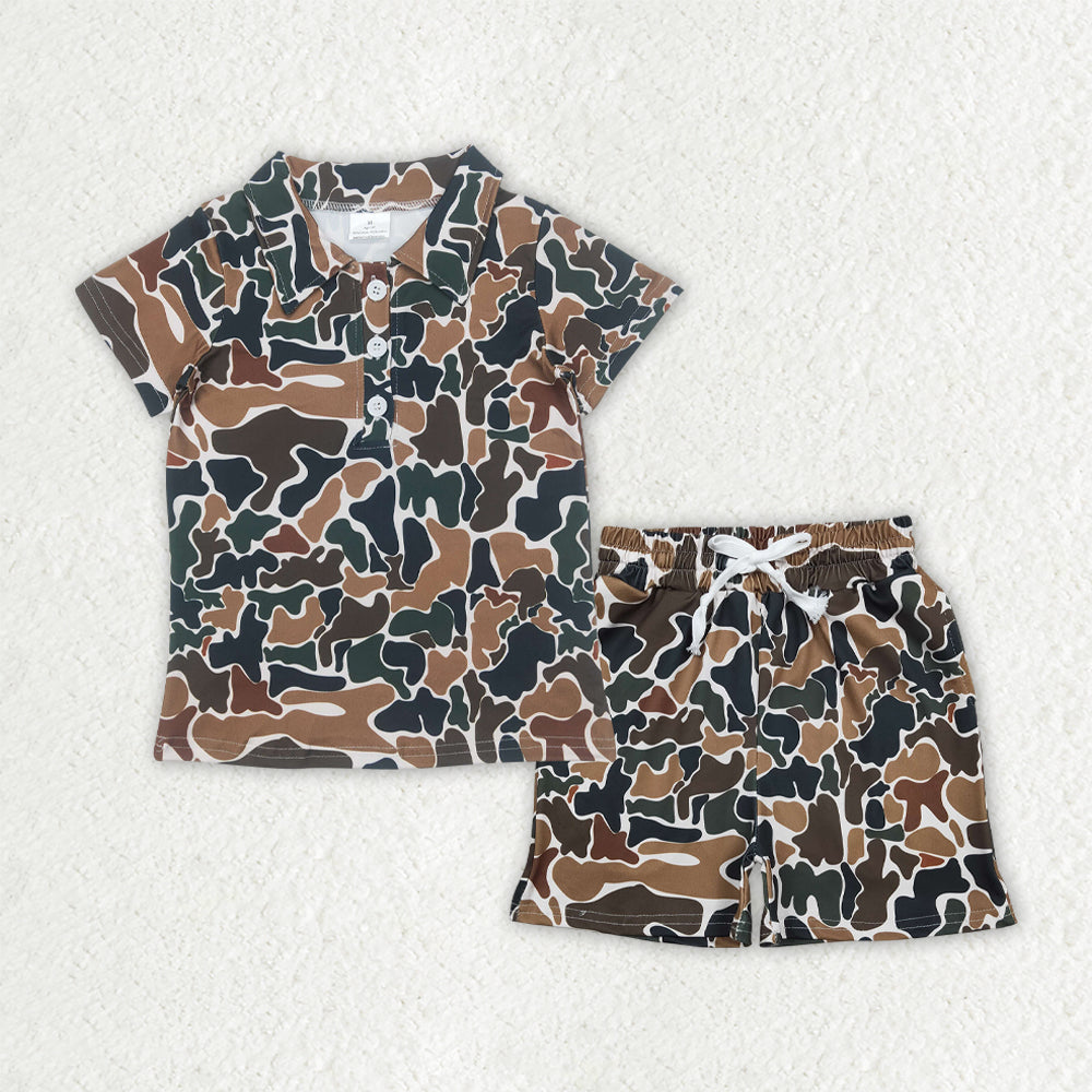 Baby Boys Kids Short Sleeves Brown Green Camo Buttons Shirt Pockets Shorts Summer Set RTS