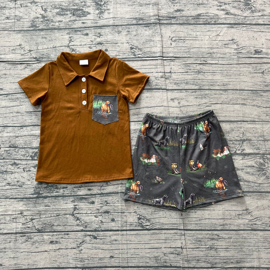 ( No moq ) Preorder Baby Boys Kids Short Sleeves Dogs Ducks Shirt Shorts Set Fishing Clothes