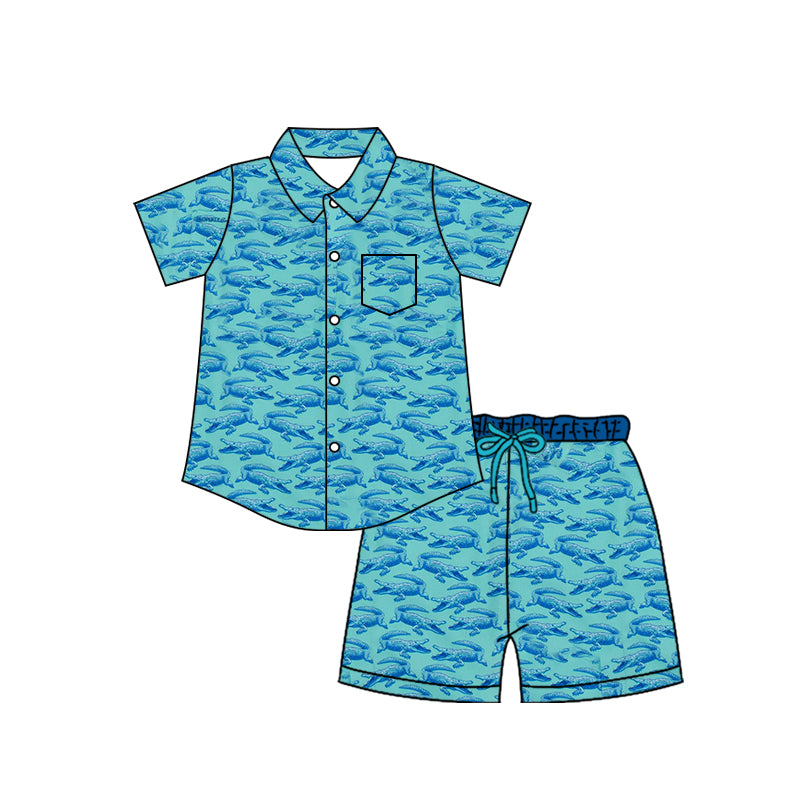 ( Moq 5 ) Preorder Baby Boys Kids Short Sleeves Buttons Pocket Shirt Shorts Green Set Clothes