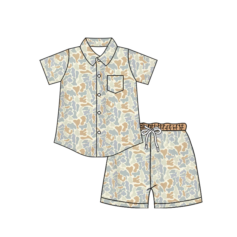 ( Moq 5 ) Preorder Baby Boys Kids Short Sleeves Buttons Pocket Shirt Shorts Camo Set Clothes