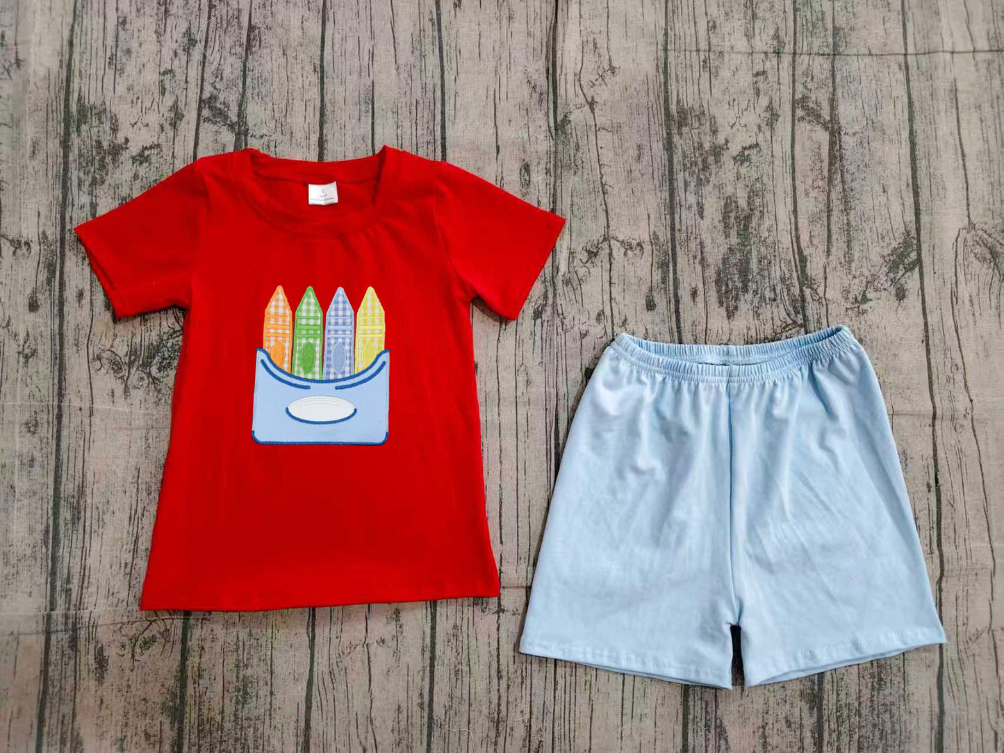 ( No moq ) Preorder Baby Boys Kids Embroidery Pencil Red Shirt Shorts Back to School Set