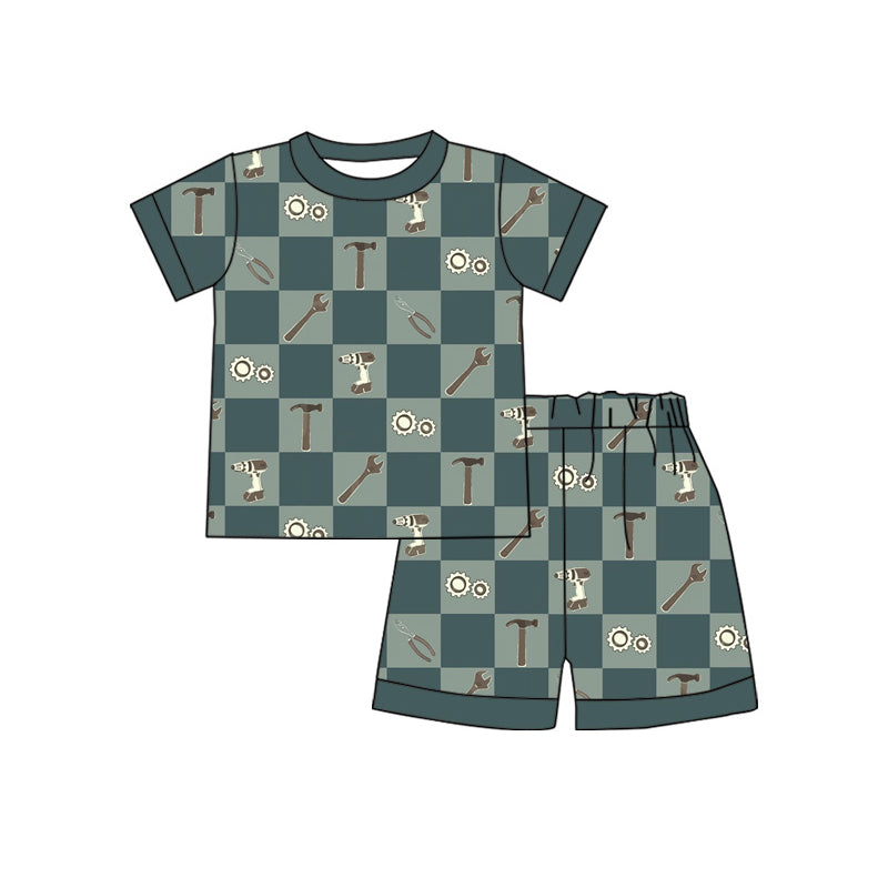 ( Moq 5 ) Preorder Baby Boys Kids Short Sleeves Green Plaid Tools Shirt Shorts Set Clothes