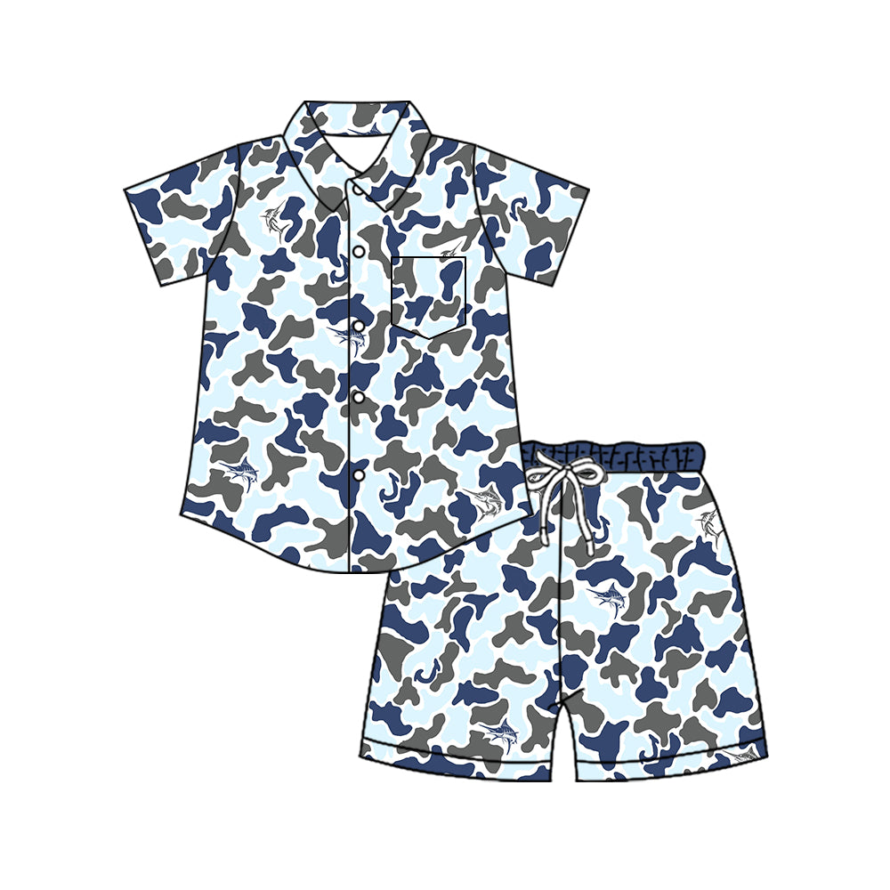 ( Moq 5 ) Preorder Baby Boys Kids Short Sleeves Buttons Pocket Shirt Shorts Blue Camo Set Clothes