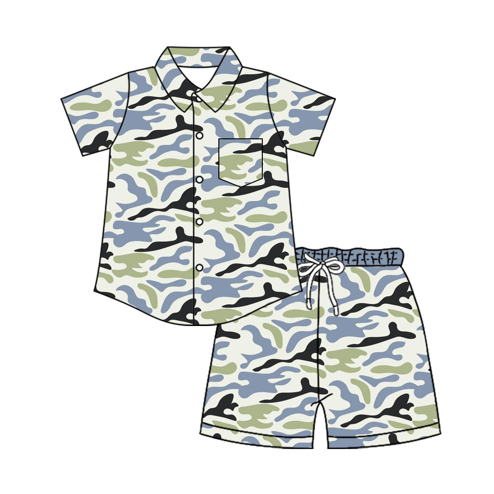 ( Moq 5 ) Preorder Baby Boys Kids Short Sleeves Buttons Pocket Shirt Shorts Camo Set Clothes