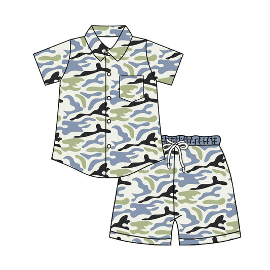 ( Moq 5 ) Preorder Baby Boys Kids Short Sleeves Buttons Pocket Shirt Shorts Camo Set Clothes
