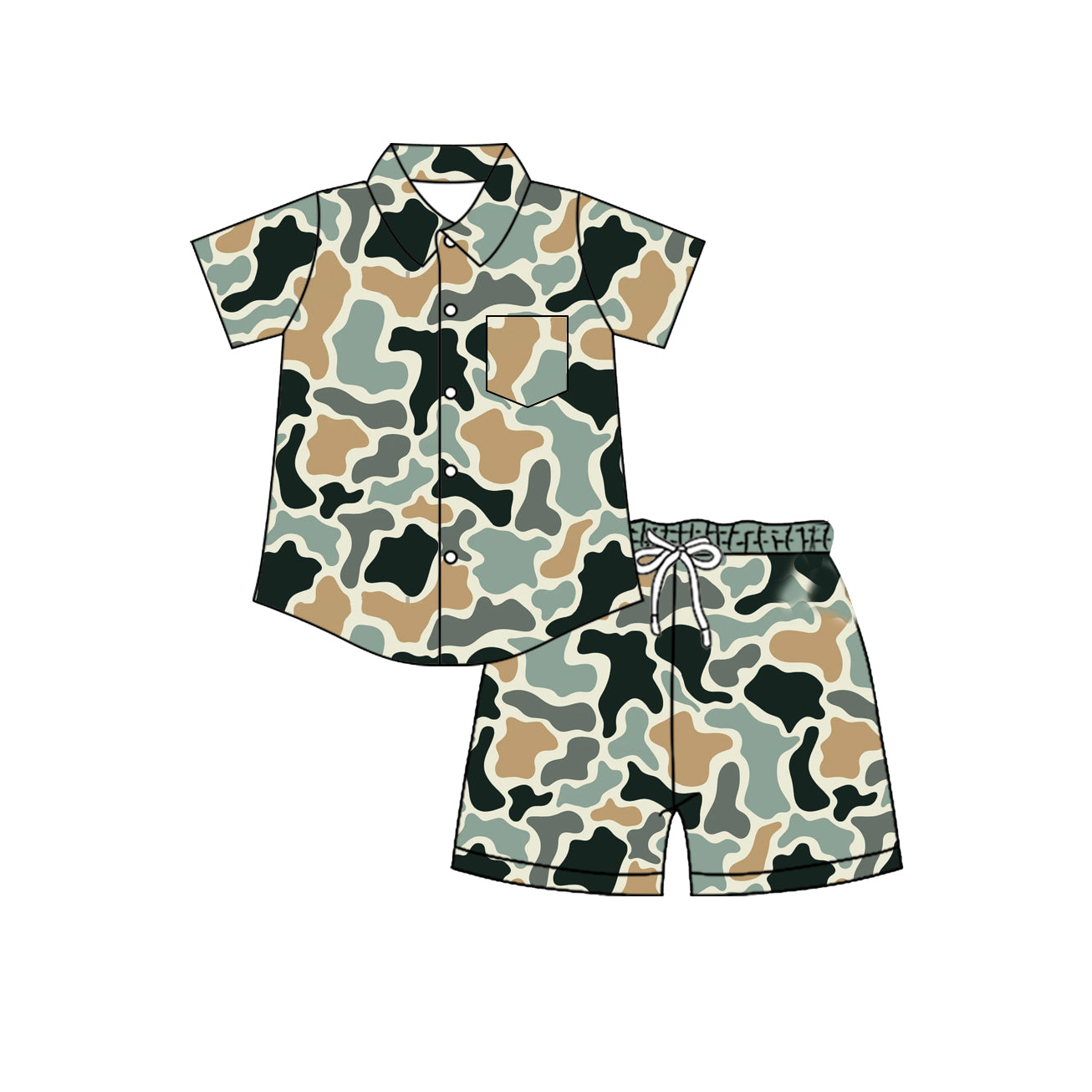 ( Moq 5 ) Preorder Baby Boys Kids Short Sleeves Buttons Pocket Shirt Shorts Set Camo Clothes