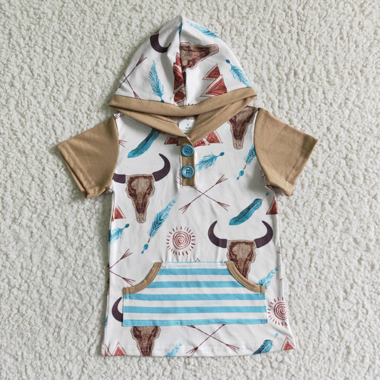Promotion Baby Boy Short Sleeves Western Cow Hoodie Pocket Shirt Tops RTS