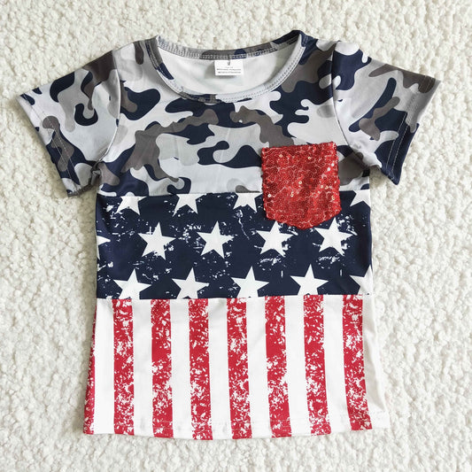 Promotion July 4th Baby Boy Sequin Pocket Stars Stripe Shirt Tops