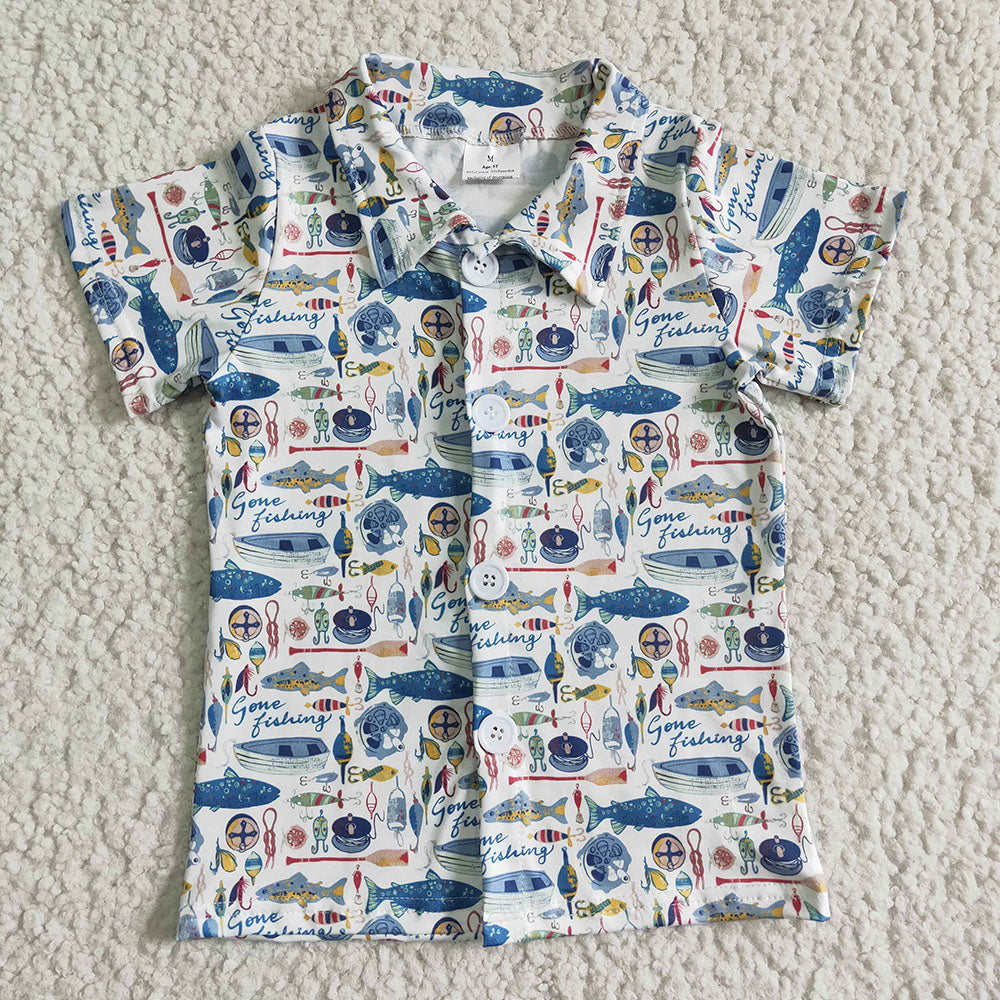 Baby Boy Toddler Short Sleeves Crawfish Fishing Sibling Buttons Shirt RTS