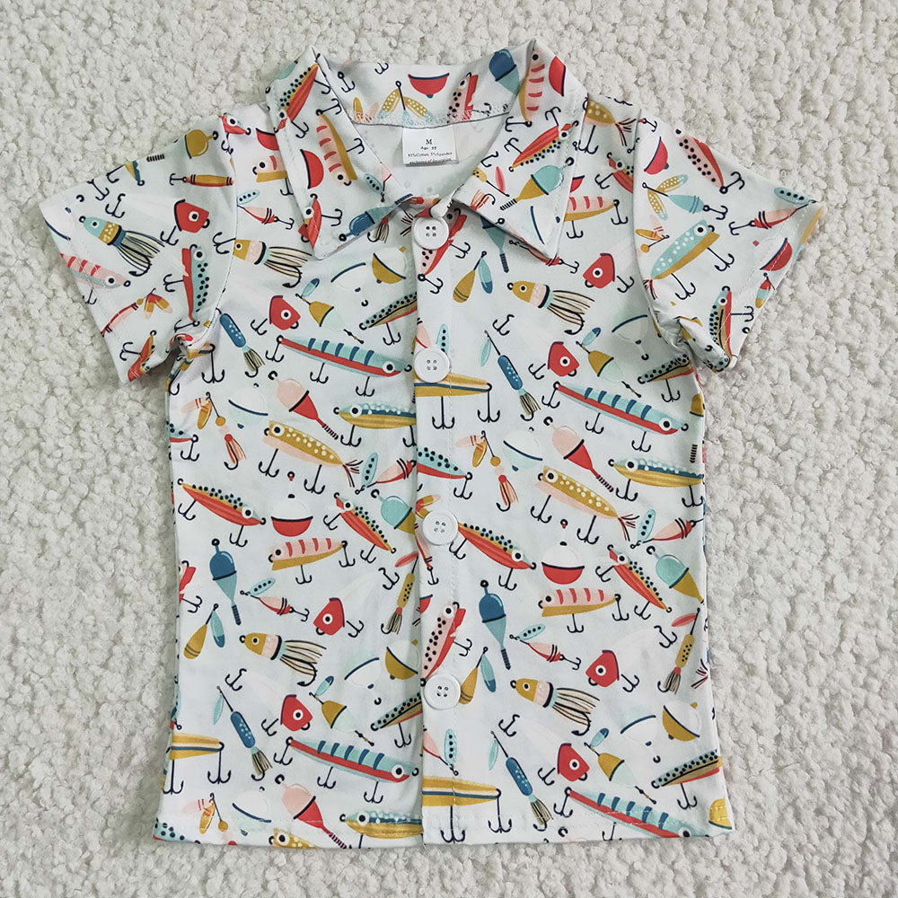 Baby Boy Toddler Short Sleeves Crawfish Fishing Sibling Buttons Shirt RTS