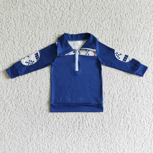 Promotion Baby Boy Long Sleeves Western Cow Zipper Blue Shirt Tops
