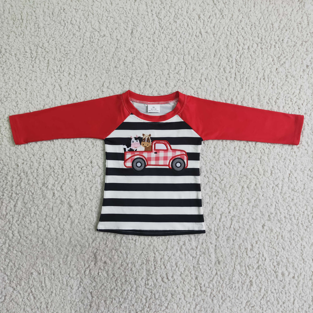 Promotion Baby Boys Kids Embroidery Farm Animals Truck Stripes Shirt Tops RTS