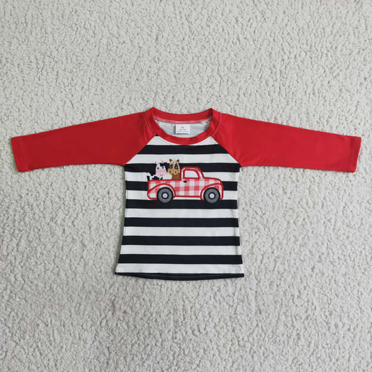Promotion Baby Boys Kids Embroidery Farm Animals Truck Stripes Shirt Tops RTS