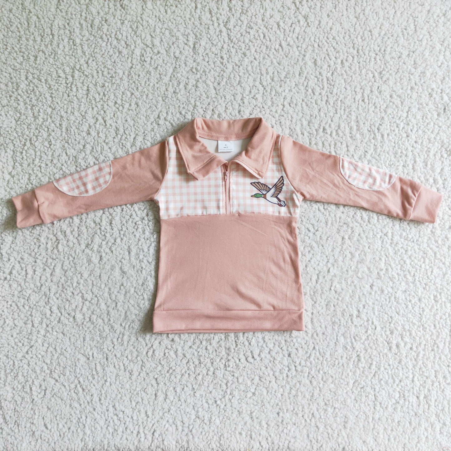 Promotion Baby Girl Long Sleeves Duck Pink Plaid Zipper Shirt RTS