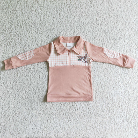 Promotion Baby Girl Long Sleeves Duck Pink Plaid Zipper Shirt RTS
