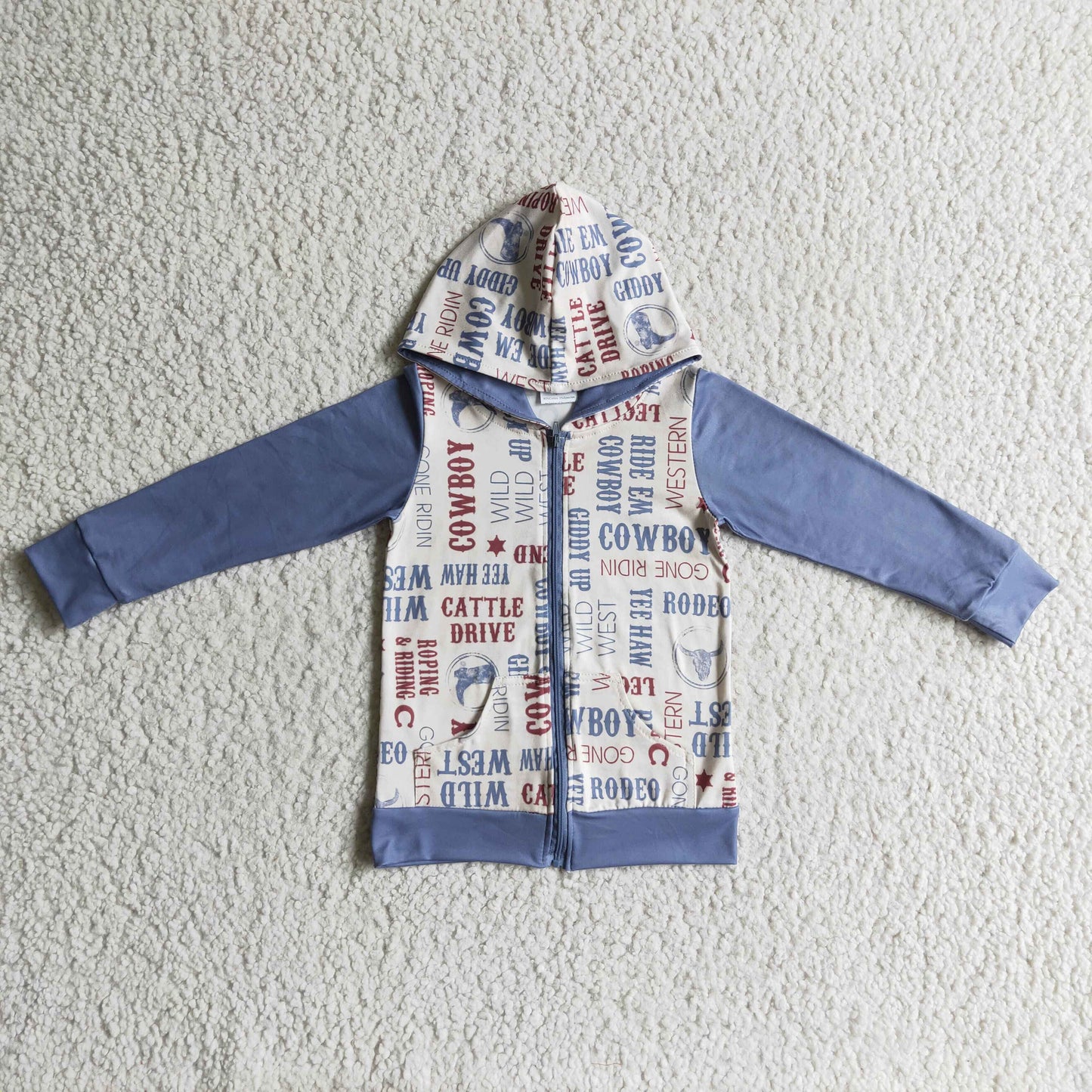 Promotion Baby Boy Long Sleeves Kids Western Cow Hoodie Zipper Shirt Coat