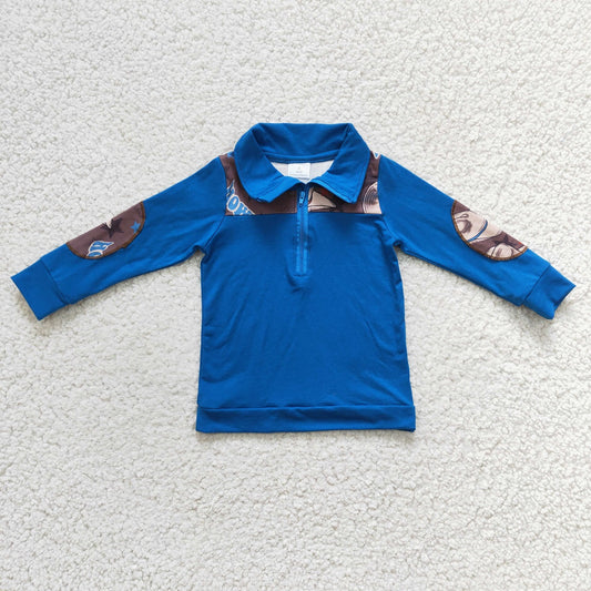 Promotion Baby Boy Long Sleeves Western Howdy Pullovers Blue Shirt
